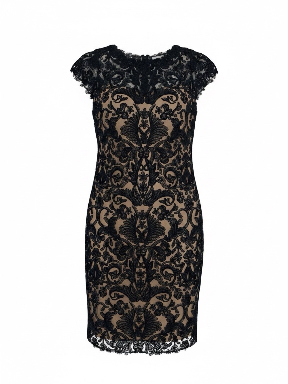 Tadashi Shoji Navy Lace Overlay Sheath Dress with Nude Lining